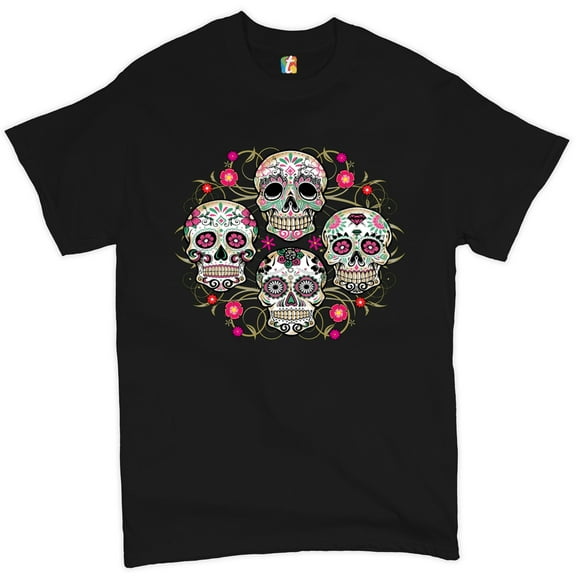 Tee Hunt Day of The Dead Floral Sugar Skulls T-Shirt Dia de Los Muertos Men's Tee, Black, Medium