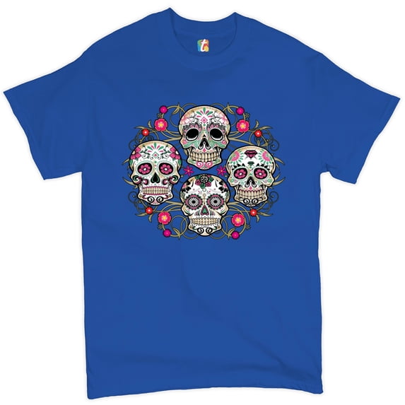 Tee Hunt Day of The Dead Floral Sugar Skulls T-Shirt Dia de Los Muertos Men's Tee, Blue, 4X-Large