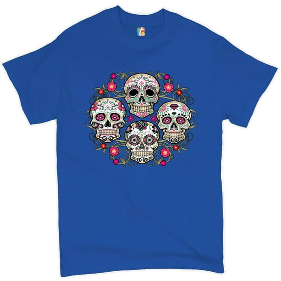 Tee Hunt Day of The Dead Floral Sugar Skulls T-Shirt Dia de Los Muertos Men's Tee, Blue, Medium