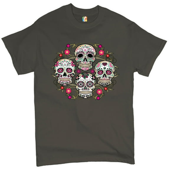 Tee Hunt Day of The Dead Floral Sugar Skulls T-Shirt Dia de Los Muertos Men's Tee, Charcoal, 5X-Large