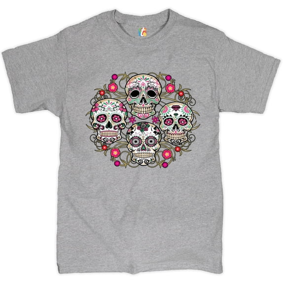 Tee Hunt Day of The Dead Floral Sugar Skulls T-Shirt Dia de Los Muertos Men's Tee, Gray, Large