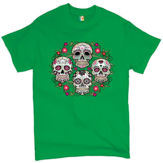 Tee Hunt Day of The Dead Floral Sugar Skulls T-Shirt Dia de Los Muertos Men's Tee, Green, 3X-Large