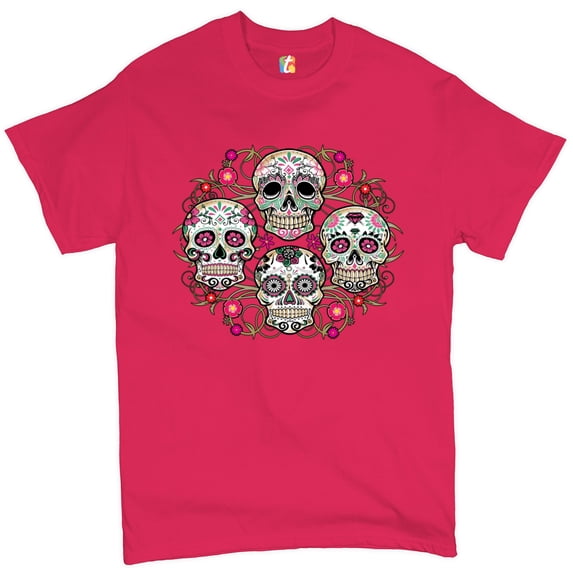 Tee Hunt Day of The Dead Floral Sugar Skulls T-Shirt Dia de Los Muertos Men's Tee, Hot Pink, 3X-Large