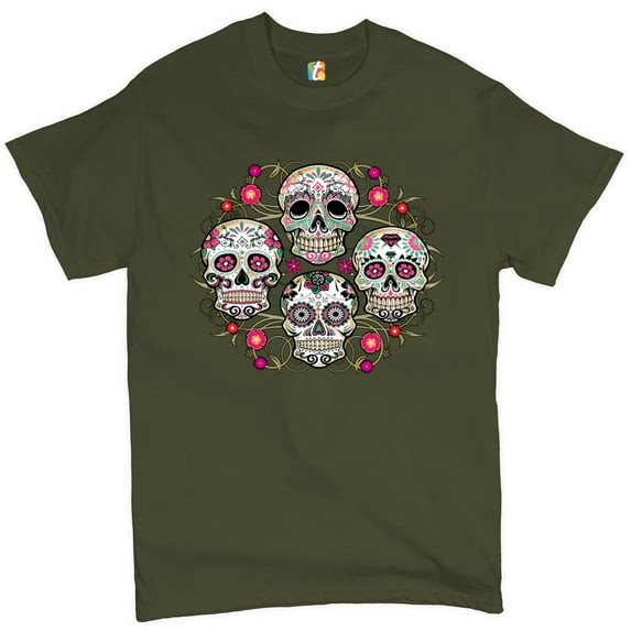 Tee Hunt Day of The Dead Floral Sugar Skulls T-Shirt Dia de Los Muertos Men's Tee, Military Green, Medium
