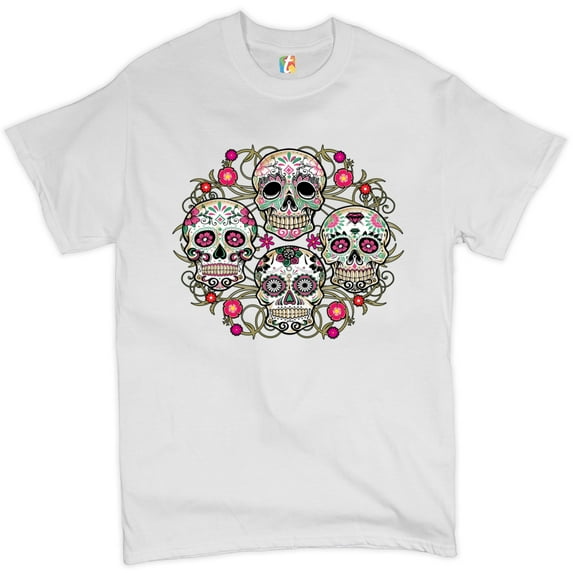 Tee Hunt Day of The Dead Floral Sugar Skulls T-Shirt Dia de Los Muertos Men's Tee, White, Large