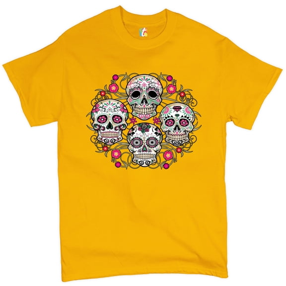 Tee Hunt Day of The Dead Floral Sugar Skulls T-Shirt Dia de Los Muertos Men's Tee, Yellow, X-Large