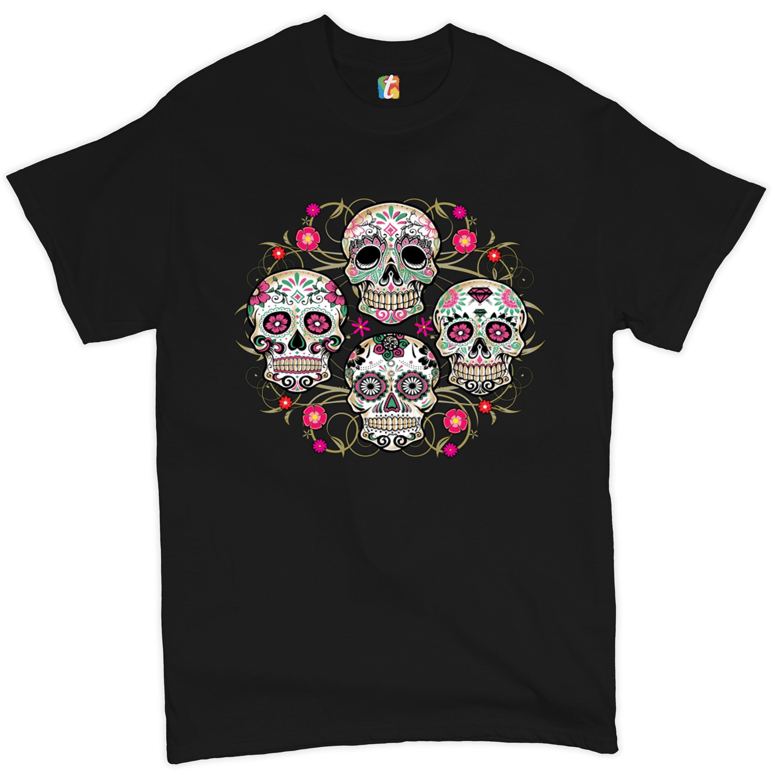 Tee Hunt Day of The Dead Floral Sugar Skulls T-Shirt Dia de Los Muertos