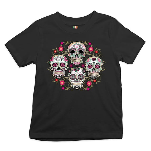 Tee Hunt Day of The Dead Floral Sugar Skulls Youth T-Shirt Dia de Los Muertos Kids, Black, Medium
