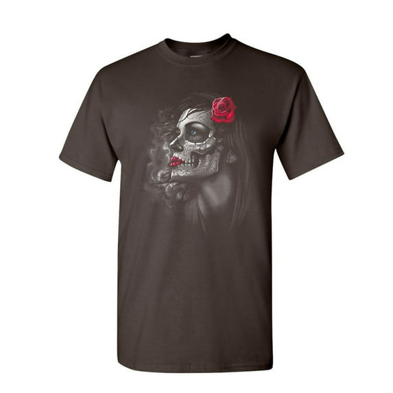 Tee Hunt Day of The Dead Girl T-Shirt Skull Face Dia de Los Muertos Roses Mens Shirt, Brown, X-Large