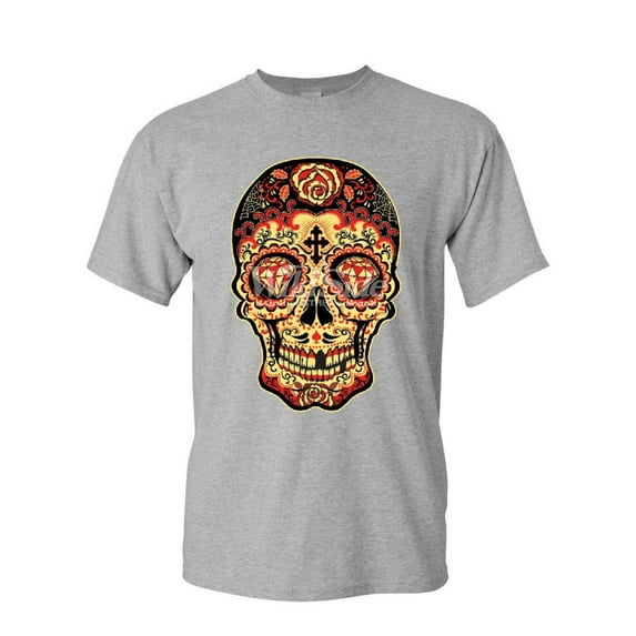 Tee Hunt Day of The Dead Sugar Skull T-Shirt Gold Calavera Dia de Muertos Mens Shirt, Gray, X-Large