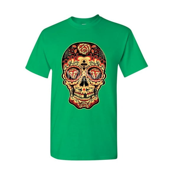 Tee Hunt Day of The Dead Sugar Skull T-Shirt Gold Calavera Dia de Muertos Mens Shirt, Green, Large