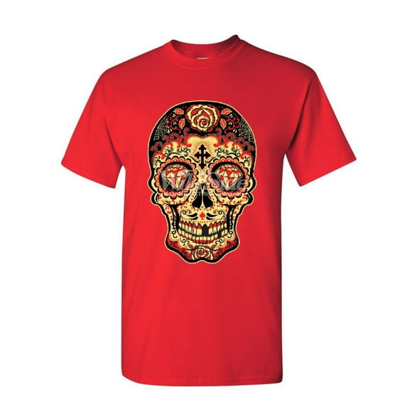 Tee Hunt Day of The Dead Sugar Skull T-Shirt Gold Calavera Dia de Muertos Mens Shirt, Red, Small