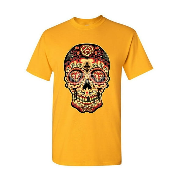Tee Hunt Day of The Dead Sugar Skull T-Shirt Gold Calavera Dia de Muertos Mens Shirt, Yellow, 4X-Large