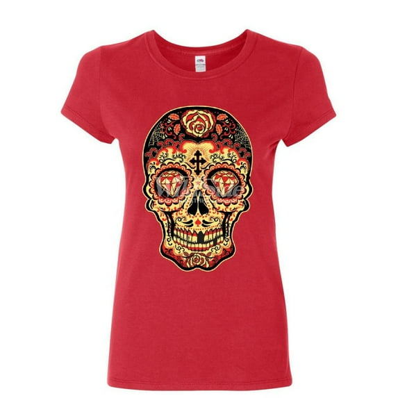 Tee Hunt Day of The Dead Sugar Skull Women's T-Shirt Gold Calavera Dia de Muertos Shirt, Red, Large
