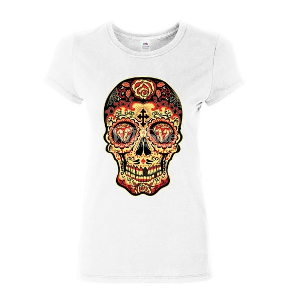 Tee Hunt Day of The Dead Sugar Skull Women's T-Shirt Gold Calavera Dia de Muertos Shirt, White, XX-Large