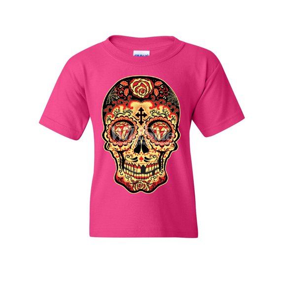 Tee Hunt Day of The Dead Sugar Skull Youth T-Shirt Gold Calavera Dia de Muertos Kids Tee, Pink, Large