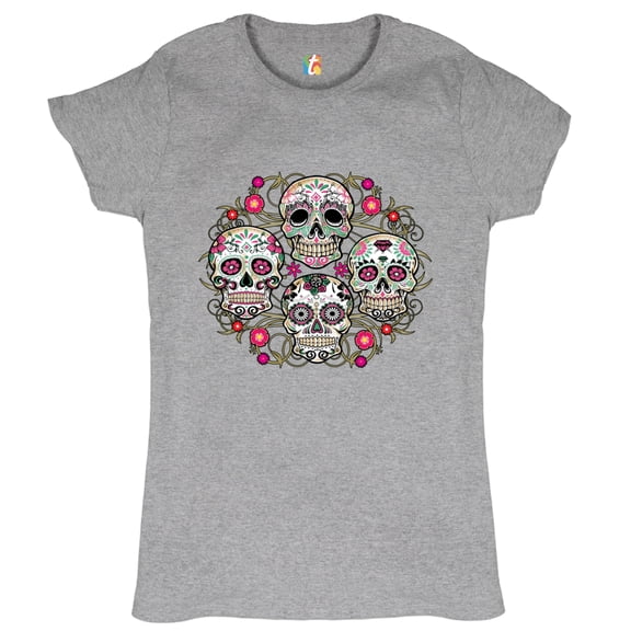 Tee Hunt Day of the Dead Floral Sugar Skulls T-Shrit Dia de los Muertos Women's T-Shirt Tee, Gray, X-Large