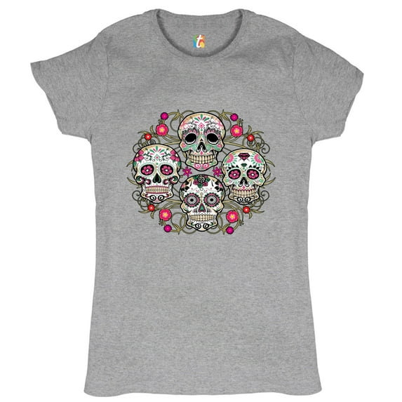 Tee Hunt Day of the Dead Floral Sugar Skulls T-Shrit Dia de los Muertos Women's T-Shirt Tee, Gray, X-Large