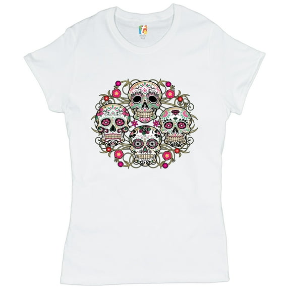 Tee Hunt Day of the Dead Floral Sugar Skulls T-Shrit Dia de los Muertos Women's T-Shirt Tee, White, X-Large