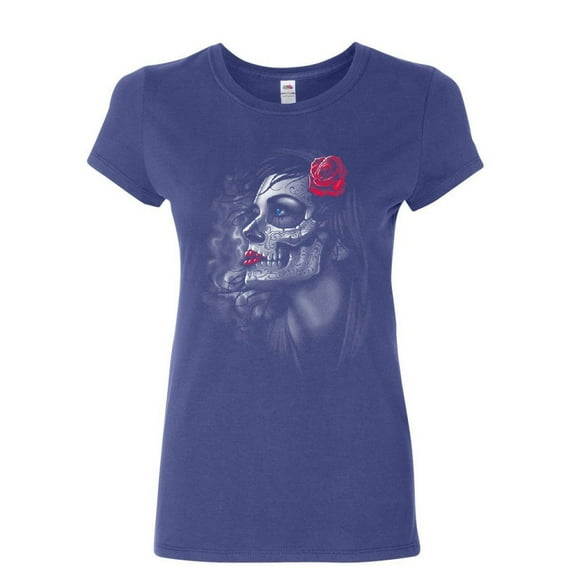 Tee Hunt Day of the Dead Girl Women's T-Shirt Skull Face Dia de Los Muertos Roses Shirt, Blue, 3X-Large