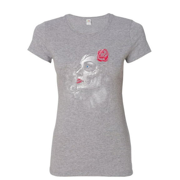 Tee Hunt Day of the Dead Girl Women's T-Shirt Skull Face Dia de Los Muertos Roses Shirt, Gray, Large