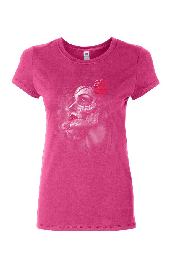 Day of the Dead Girl Women's T-Shirt Skull Face Dia de Los Muertos Roses Shirt, Pink, XX-Large