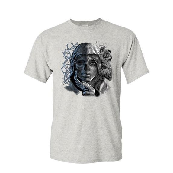 Tee Hunt Dead Girl with Roses T-Shirt Sugar Skull Face Day of The Dead Mens Shirt, Ash Gray, XX-Large
