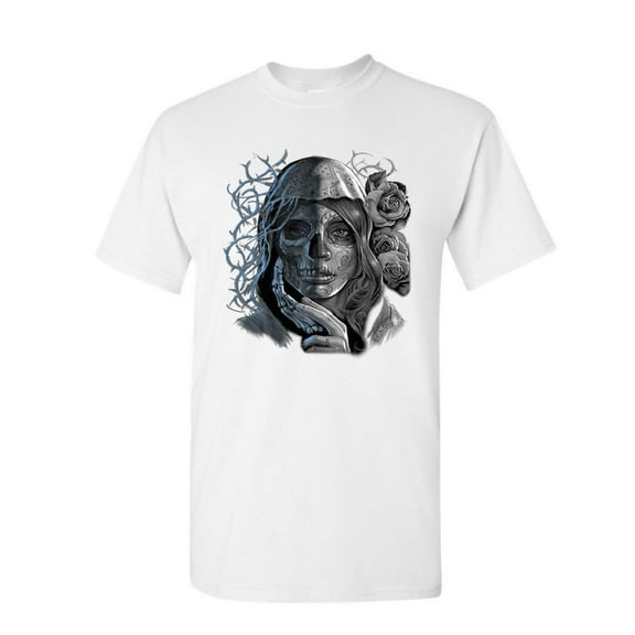 Tee Hunt Dead Girl with Roses T-Shirt Sugar Skull Face Day of The Dead Mens Shirt, White, XX-Large