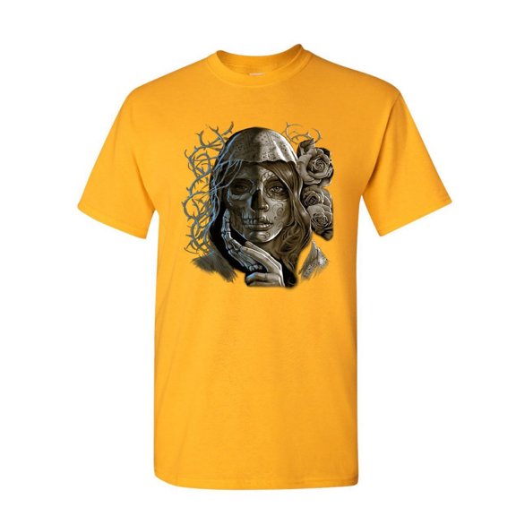 Tee Hunt Dead Girl with Roses T-Shirt Sugar Skull Face Day of The Dead Mens Shirt, Yellow, Small