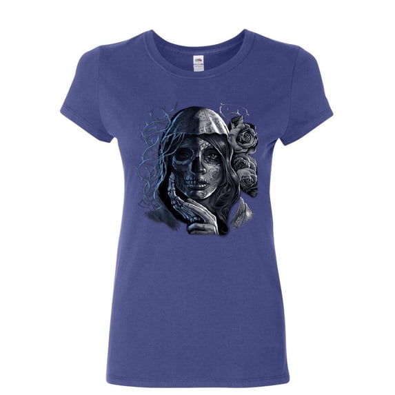 Tee Hunt Dead Girl with Roses Women's T-Shirt Sugar Skull Face Day of the Dead Shirt, Blue, Medium