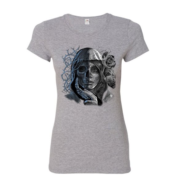 Tee Hunt Dead Girl with Roses Women's T-Shirt Sugar Skull Face Day of the Dead Shirt, Gray, Large