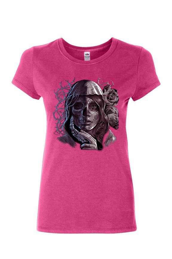 Dead Girl with Roses Women's T-Shirt Sugar Skull Face Day of the Dead Shirt, Pink, Medium