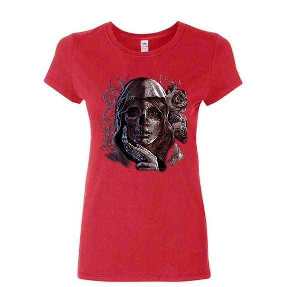Tee Hunt Dead Girl with Roses Women's T-Shirt Sugar Skull Face Day of the Dead Shirt, Red, X-Large