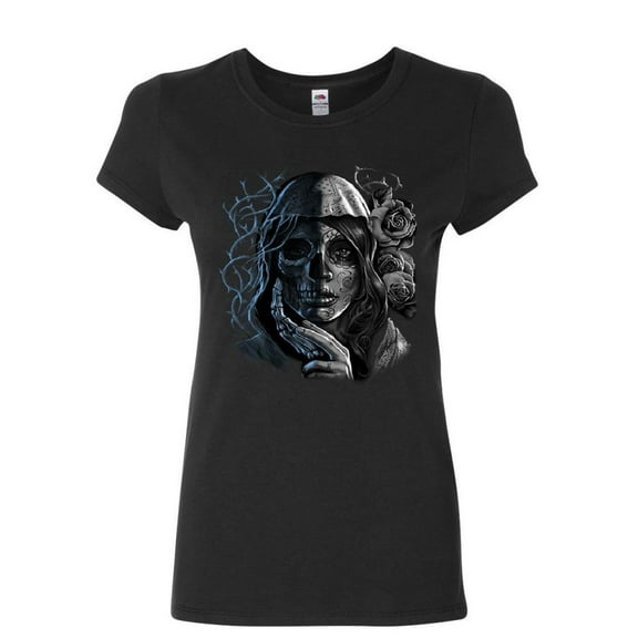 Tee Hunt Dead Girl with Roses Women's T-Shirt Sugar Skull Face Day of the Dead Shirt