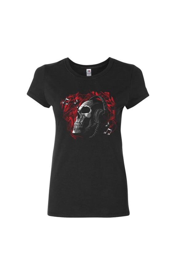 Deadphones Women's T-Shirt Music Headphones Skull Face Dead EDM Hip Hop Shirt, Black, Medium