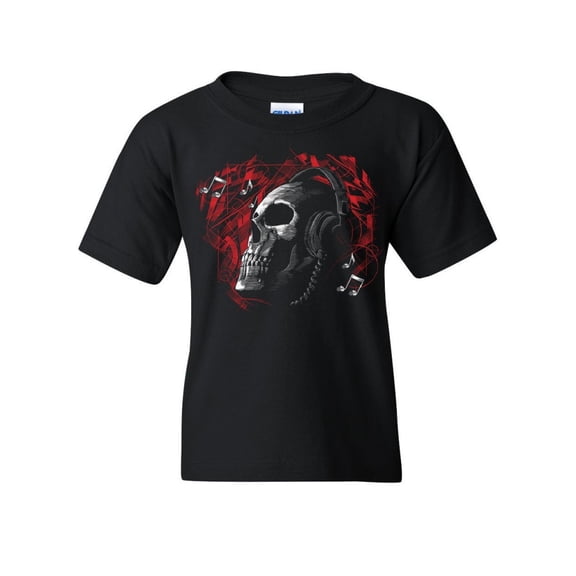 Tee Hunt Deadphones Youth T-Shirt Music Headphones Skull Face Dead EDM Hip Hop Kids Tee, Black, Medium