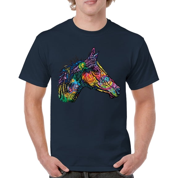 Tee Hunt Dean Russo Colorful Horse T-Shirt Neon Mosaic Wild Mustang Men's Tee, Navy Blue, XX-Large