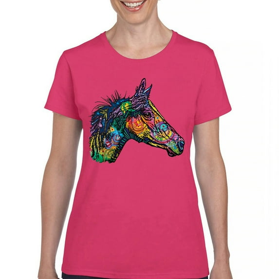 Tee Hunt Dean Russo Colorful Horse T-Shirt Neon Mosaic Wild Mustang Women's T-Shirt Tee, Pink, 3X-Large