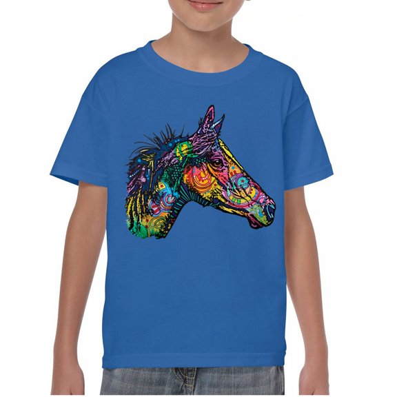 Tee Hunt Dean Russo Colorful Horse Youth T-Shirt Neon Mosaic Wild Mustang Kids, Blue, X-Large