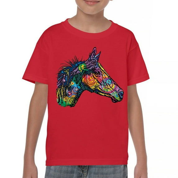 Tee Hunt Dean Russo Colorful Horse Youth T-Shirt Neon Mosaic Wild Mustang Kids, Red, Medium