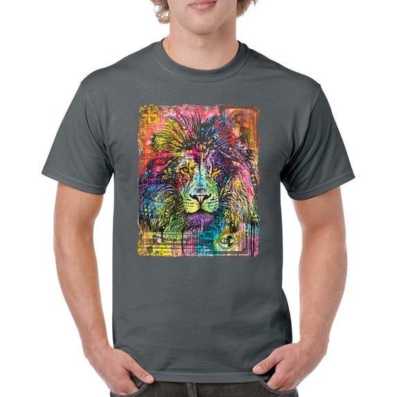 Tee Hunt Dean Russo Colorful Lion Head T-Shirt Wild Life King Roar Men's Tee, Charcoal, XX-Large