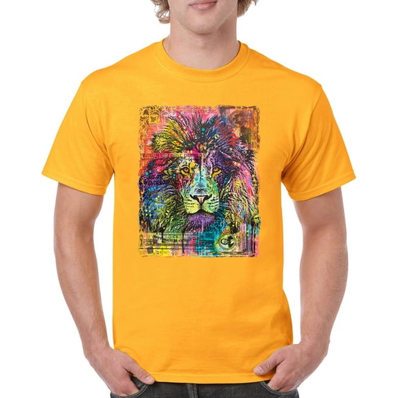 Tee Hunt Dean Russo Colorful Lion Head T-Shirt Wild Life King Roar Men's Tee, Yellow, Small
