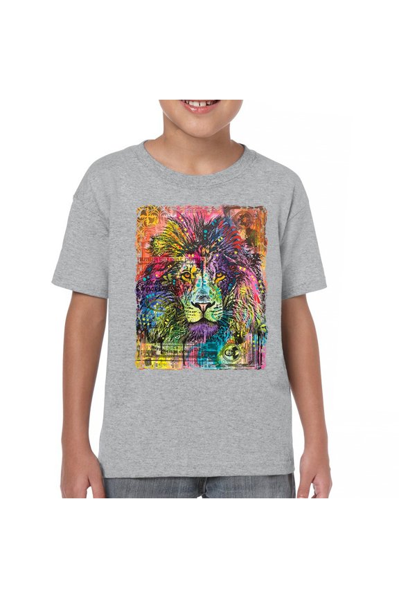 Dean Russo Colorful Lion Head Youth T-Shirt Wild Life King Roar Kids, Gray, Large