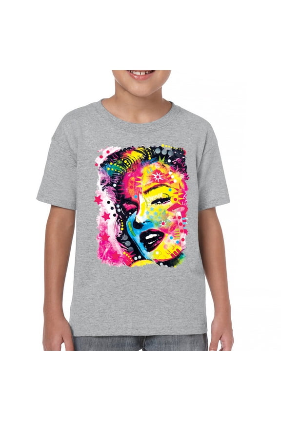 Dean Russo Colorful Marilyn Youth T-Shirt Neon Hot Symbol Starlet Kids, Gray, Medium