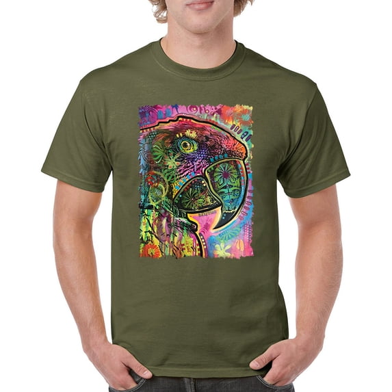 Tee Hunt Dean Russo Colorful Parrot T-Shirt Exotic Bird Beak Feather Men's Tee, Military Green, 4X-Large