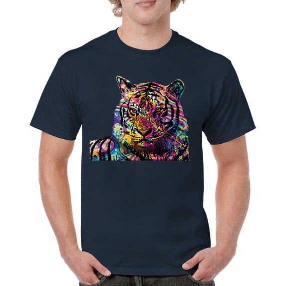 Tee Hunt Dean Russo Colorful Siberian Tiger T-Shirt Wild Big Cat Men's Tee, Navy Blue, XX-Large