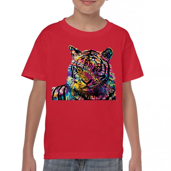 Tee Hunt Dean Russo Colorful Siberian Tiger Youth T-Shirt Wild Big Cat Kids, Red, Large