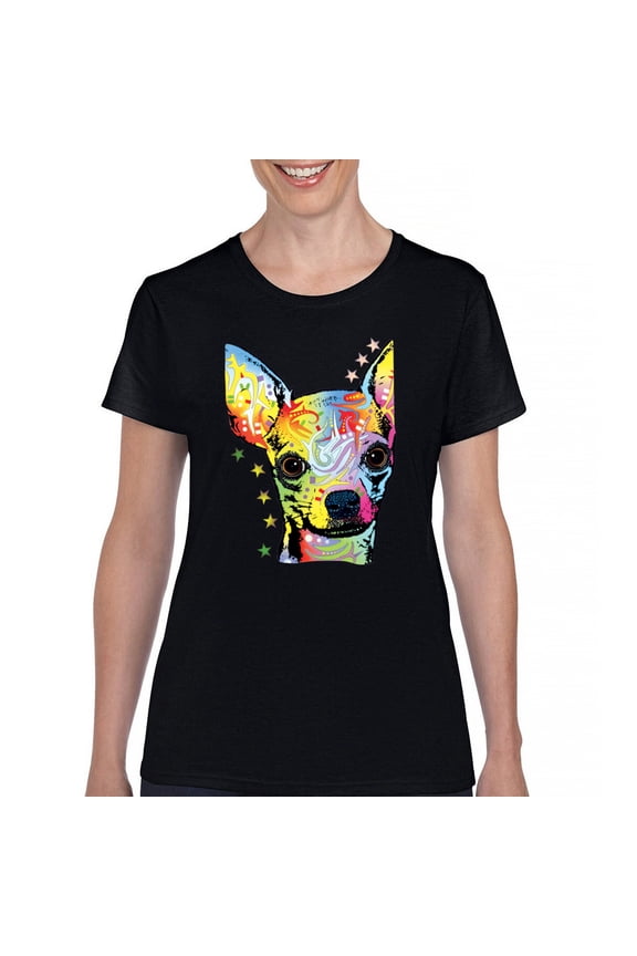 Dean Russo Cute Chihuahua T-Shirt Neon Colorful Dog Women's T-Shirt Tee, Black, 3X-Large