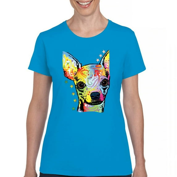 Tee Hunt Dean Russo Cute Chihuahua T-Shirt Neon Colorful Dog Women's T-Shirt Tee, Light Blue, Small