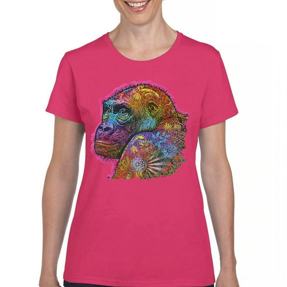 Tee Hunt Dean Russo Cute Gorilla T-Shirt Colorful Silverback Ape Art Women's T-Shirt Tee, Pink, 3X-Large